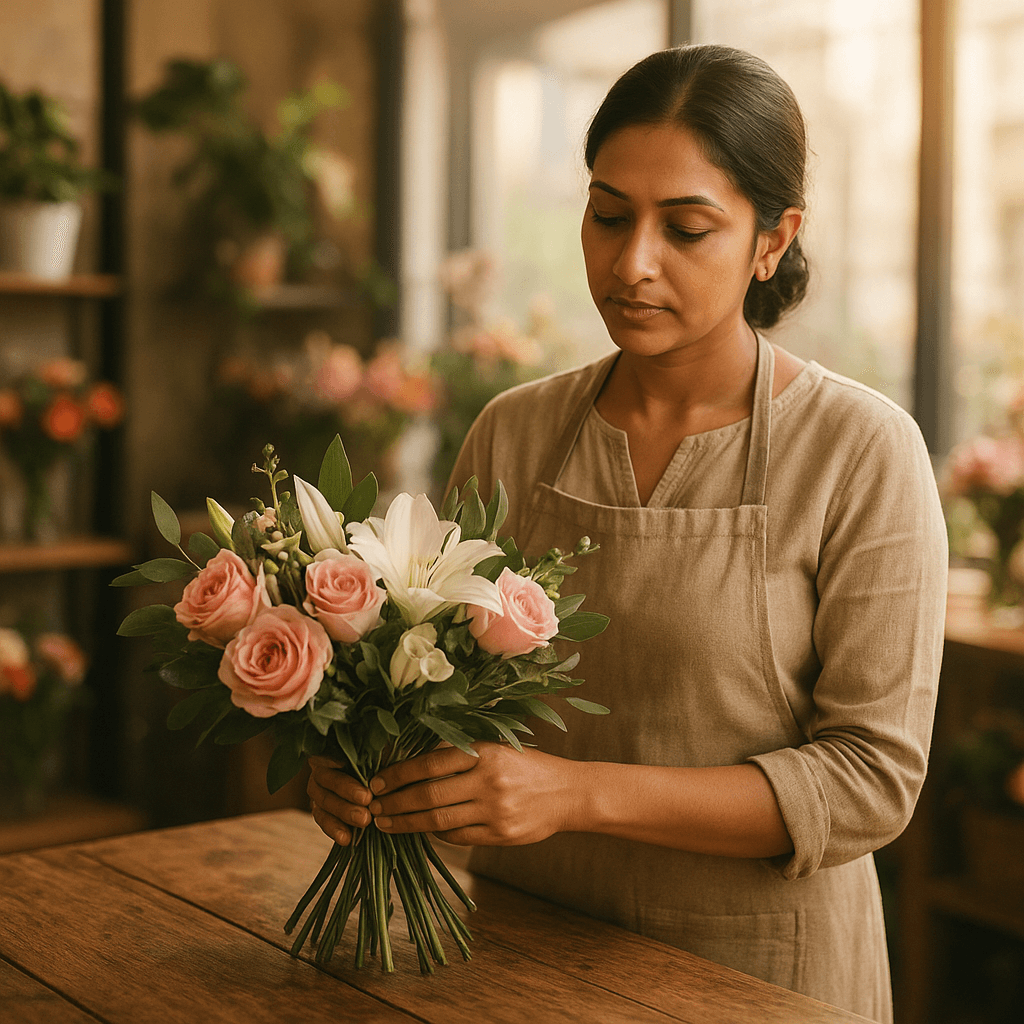 Indian florist hand-crafting a bouquet with pink roses and white lilies