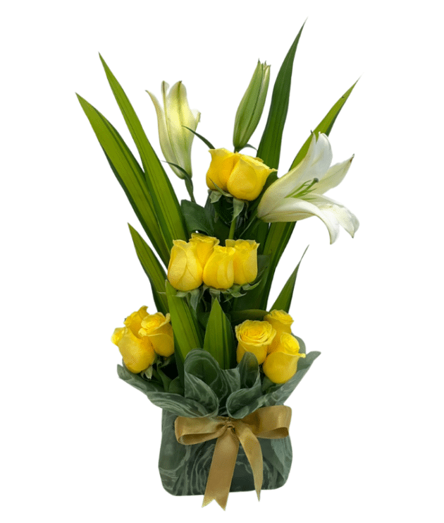 Yellow roses, white lilies