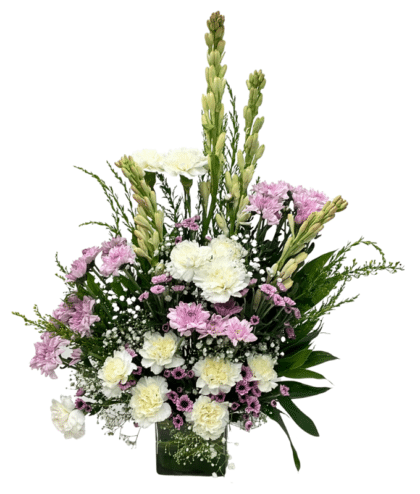 White carnation,tuberoses,pink mini chrysanthemums,purple chrysanthemums