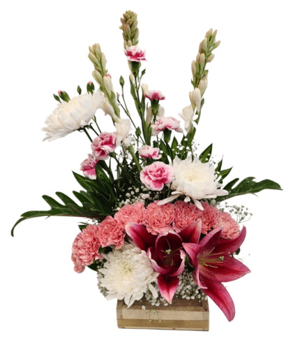 Pink lilies,white disbuds,light pink carnations,pink spray carnations,tuberoses