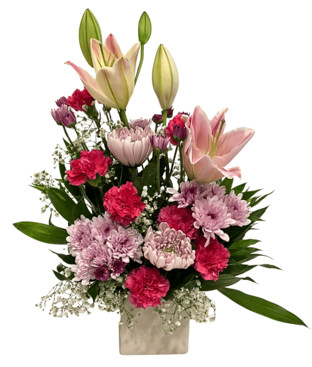 Pink lilies,Pink carnations,purple chrysanthemums