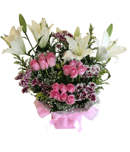 Pink roses,purple shaded chrysathemums and white lilies 