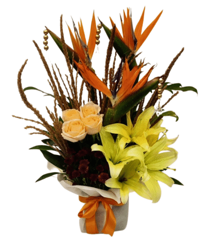 Bird of paradise,peach roses,Yellow lilies 