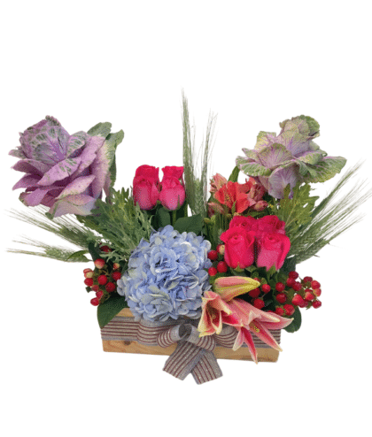 Pink Roses, Red Berries, Purple Cabbage, and Blue Hydrangea Exotic Bouquet