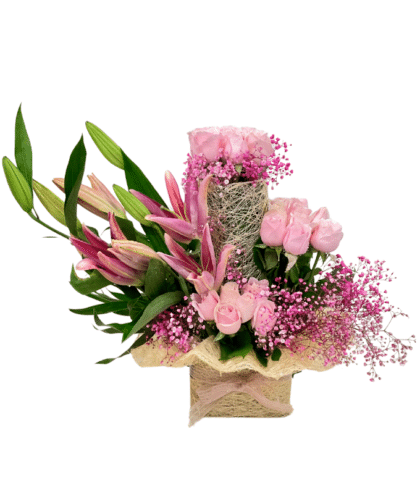 Sweet pink roses and pink lilies,step floral arrangement