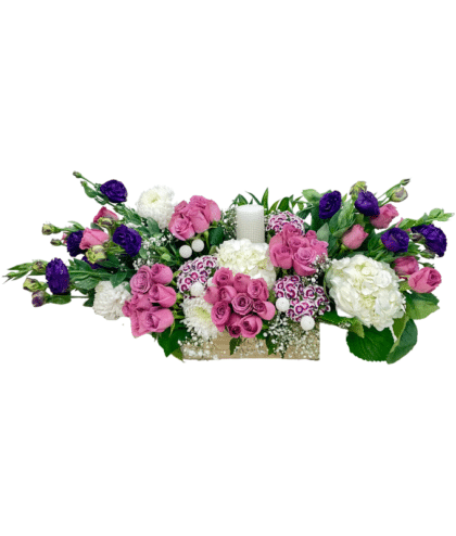 Purple Roses, White Hydrangea, Purple Eustoma, and Candle Floral Arrangement