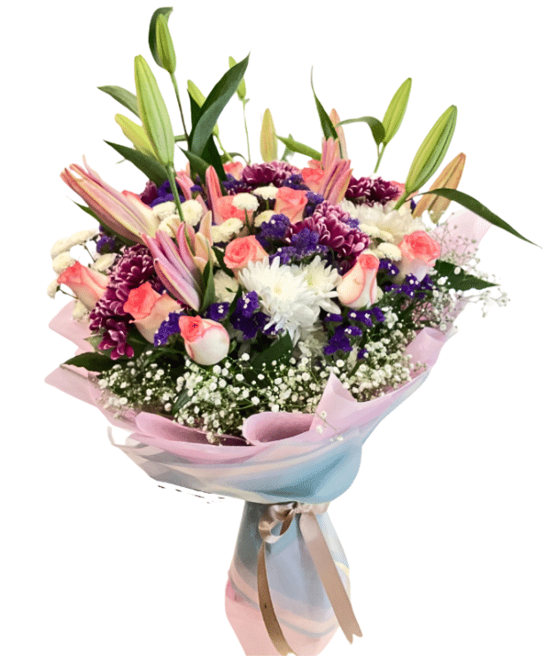 Pink lilies,jumelia roses,purple shaded chrysathemums and white chrysanthemums handbunch