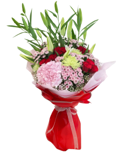 Pink Hydrangea,purple dotted chrysathemums,red roses,green disbuds and white lilies handbunch