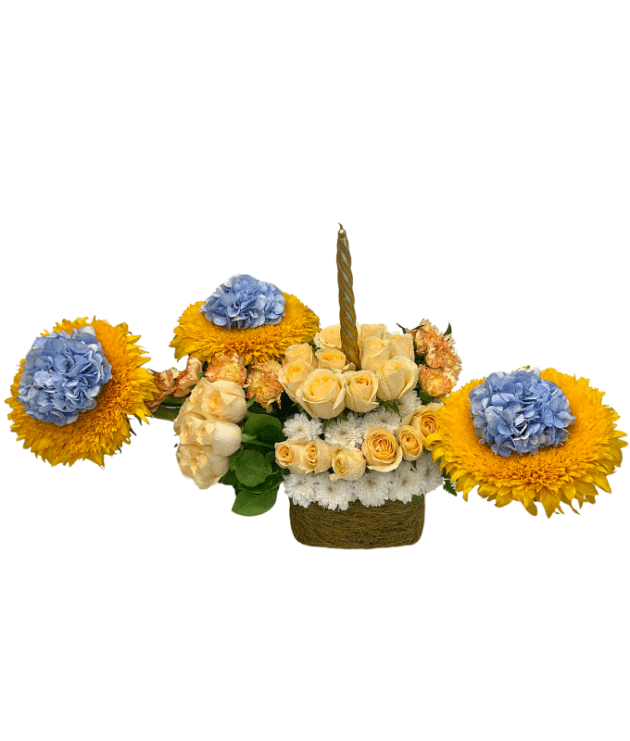 Blue hydrangea nicely place on the center of sunflower added with peach roses, white chrysanthemums and golden candle bouquet
