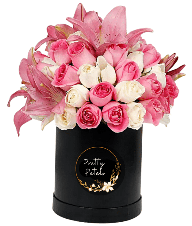 Pink lily,pink roses,white roses arrangement in black box