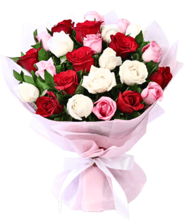 red pink and white roses mix handbunch