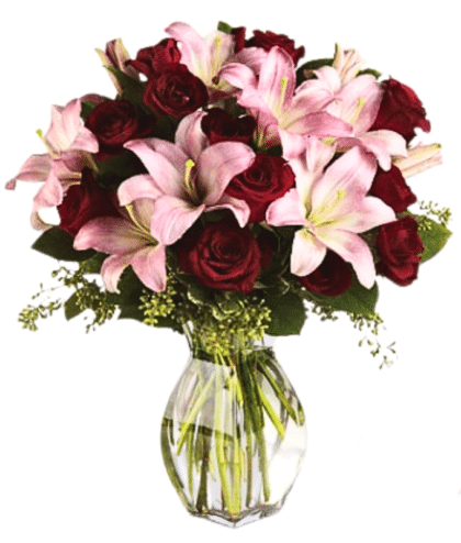 Pink lilies and red roses in vase