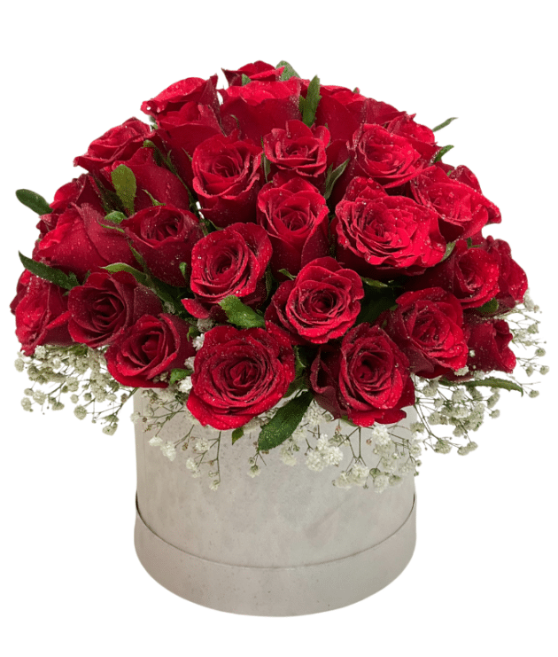 red roses arrangement in white box