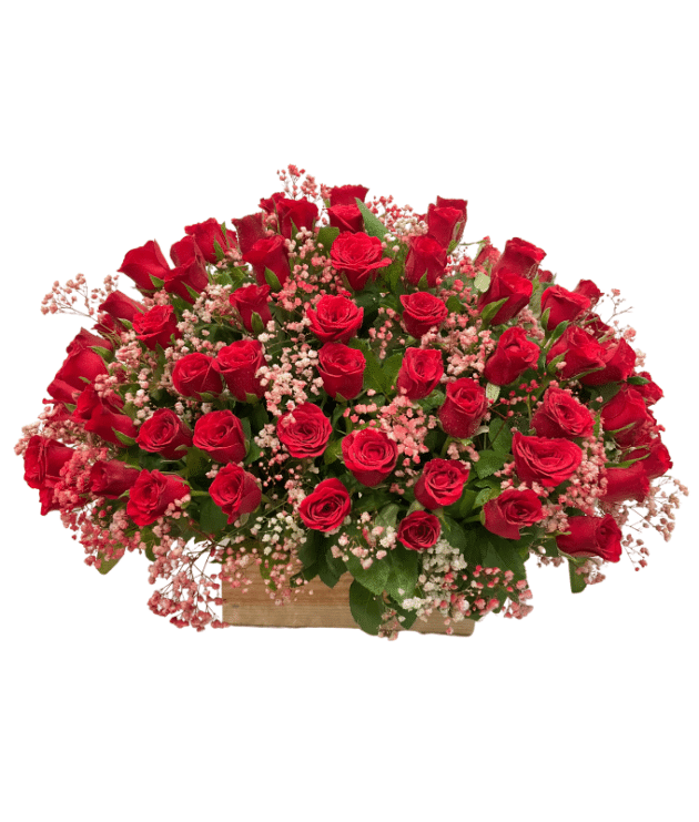 100 roses arrangement in wooden box