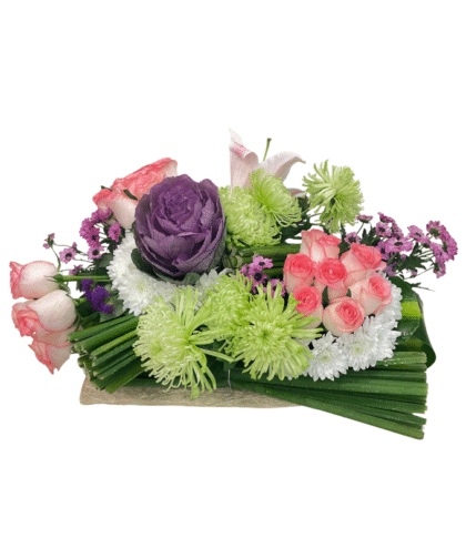 User jumelia roses,purple cabbage,pink lilies,purple chrysanthemums bouquet