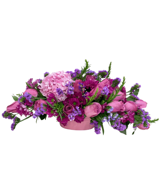 Purple Roses, Pink Hydrangea, and Purple Chrysanthemums in a Pink Base