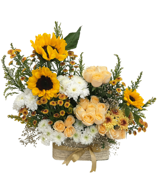 Sunflowers, Mini Golden Yellow Chrysanthemums, Peach Goldenish Roses, and White Chrysanthemums Arrangement