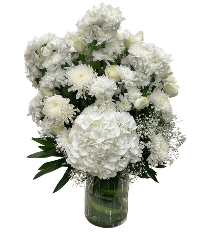 White Roses, White Hydrangea, White Chrysanthemums, and White Disbuds in Glass Vase