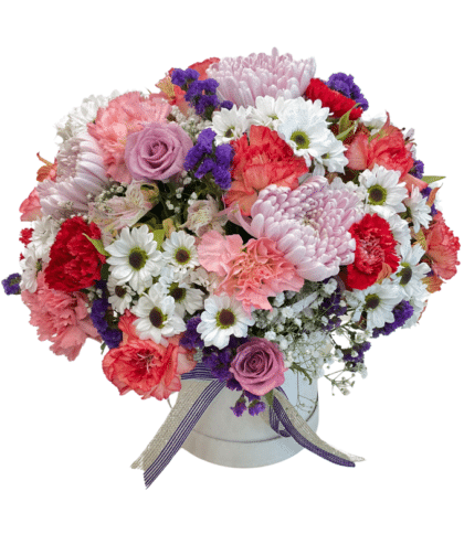 Pink Purple disbuds,pink carnations,peach carnation,purple roses,white black n white mini dotted chrysanthemums round arrangement in white box