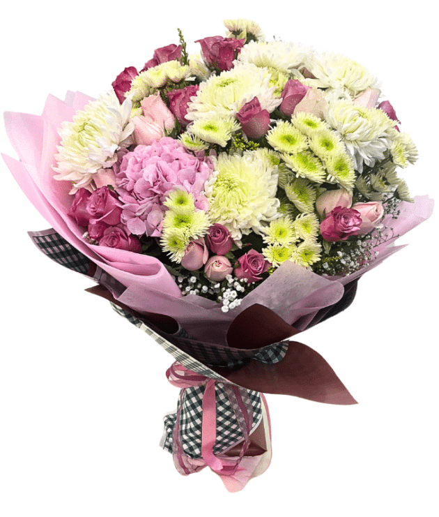 Purple Roses, Sweet Pink Roses, Light Green Chrysanthemums, White Disbuds, and Pink Hydrangea Handbunch