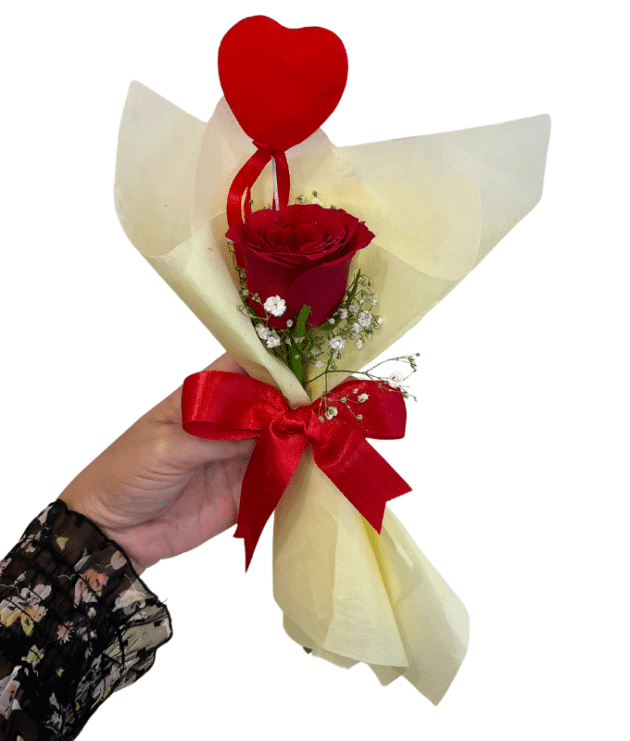Single red rose with red heart topper mini handbunch