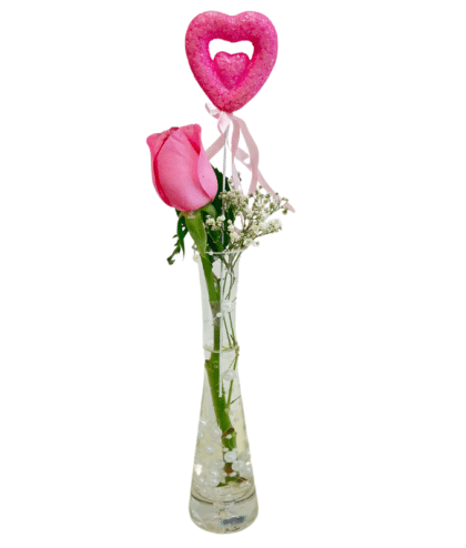 Single Pink Rose with Pink Heart Topper in Vase