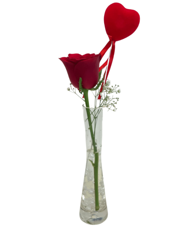 User Single Red Rose with Red Heart Topper in Vase
