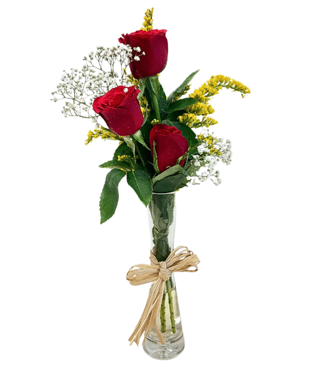 3 red roses step wise arrange in glass vase