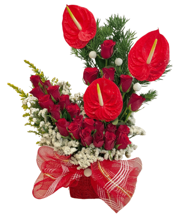 red anthorium,red roses with pearls arrangement