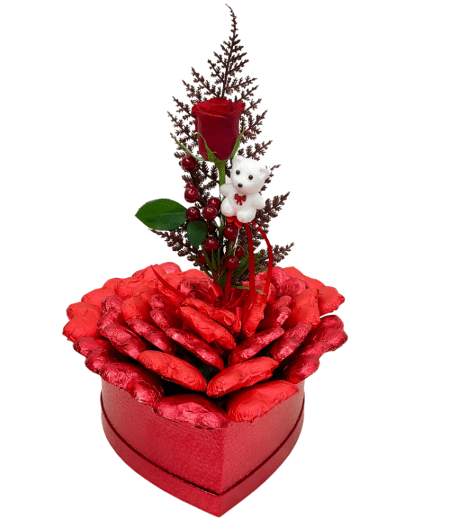 Single red rose with cute small teddy 35 Red Heart-Shaped Chocolates in Heart Shape Box