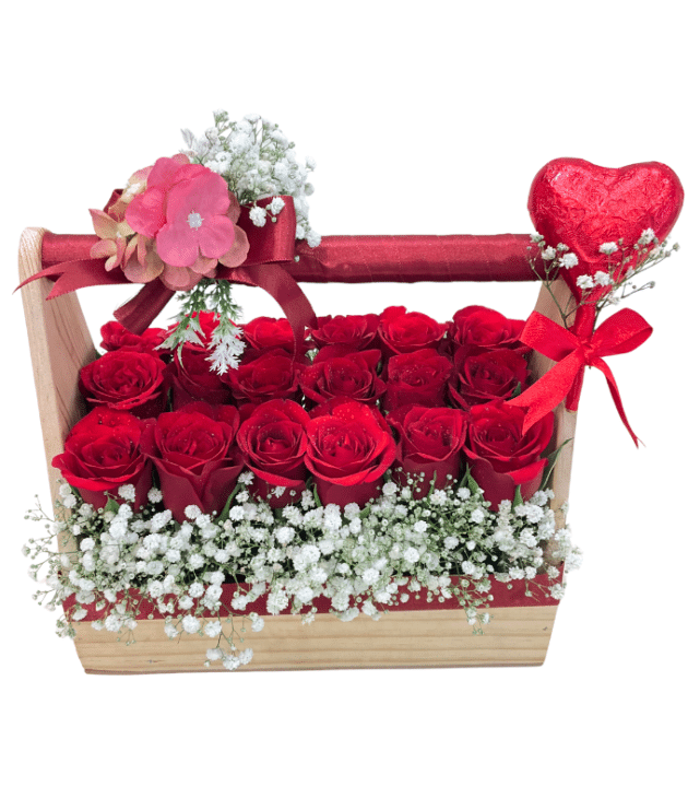 Red Roses with Red Heart-Shaped Chocolates in Hand Basket