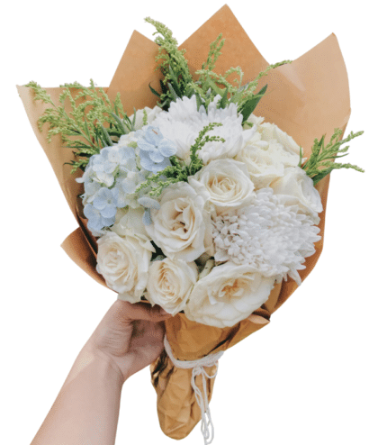 User white exotic hydrangea blue exotic hydrangea white roses white disbuds handbunbch