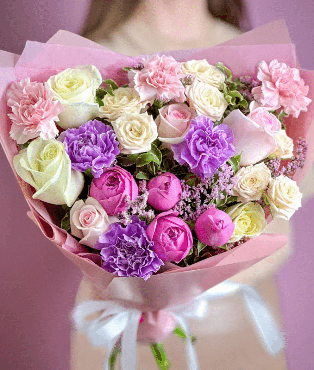 light pink carnation purple carnation peach roses sweet pink roses white roses pastel color combination floral handbunch