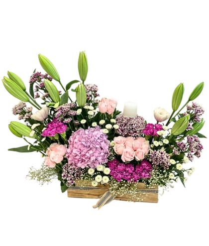 Pink hydrangea,Purple chrysanthemums,sweet pink roses,white lilies,white button chrysanthemums arrangement in wooden box