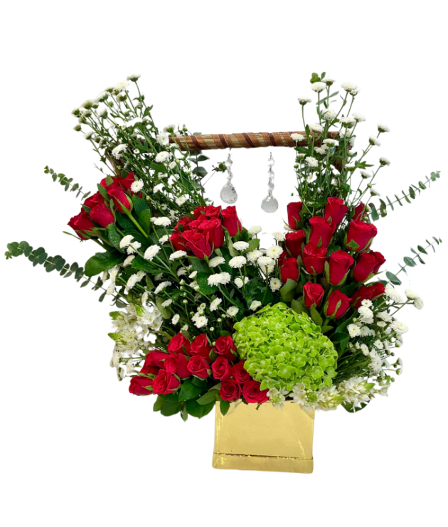 Red roses green hydrangea white cht=rysanthemums arrangement in golden box