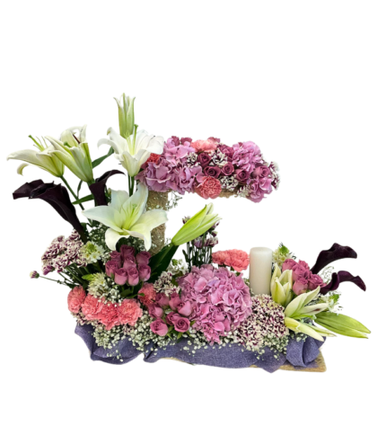 Pink hydrangea,white lilies,purple calla lilies,light pink carnation paste arrangement