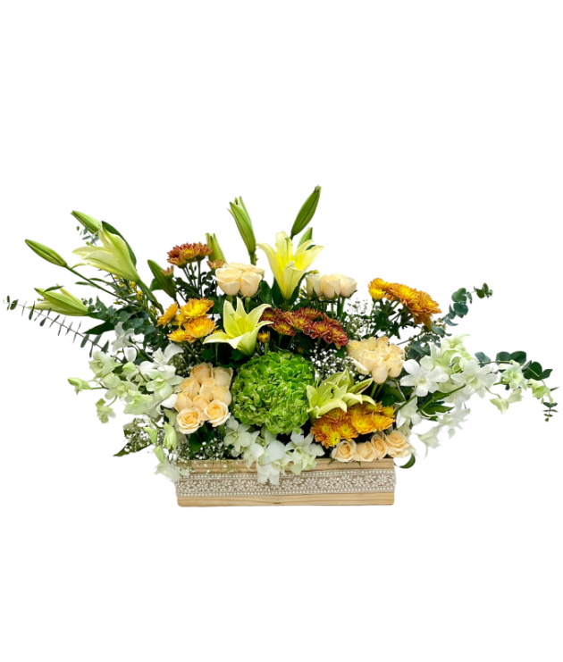 yellow lilies,green hydrangea,golden orange chrysanthemums,white orchids,peach roses arrangement in wooden box
