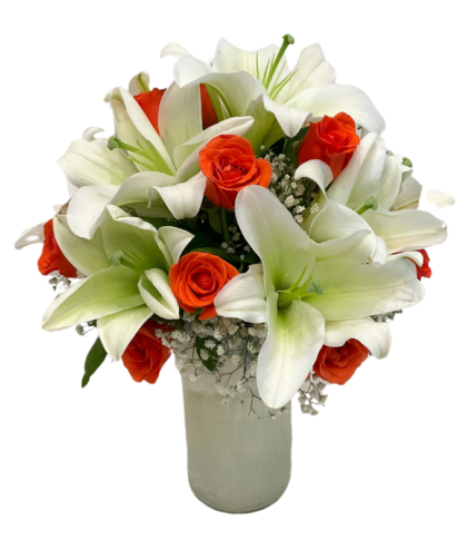 orange roses and white lilies in vase