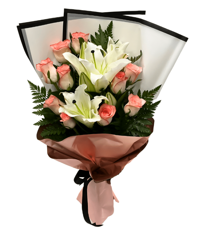 Jumelia roses and white lilies handbunch