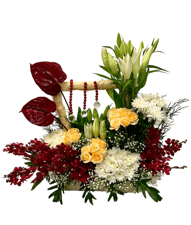 Red Anthorium white lilies white chrysathemums red orchids and peach roses with crystal beads arrangement in wooden box