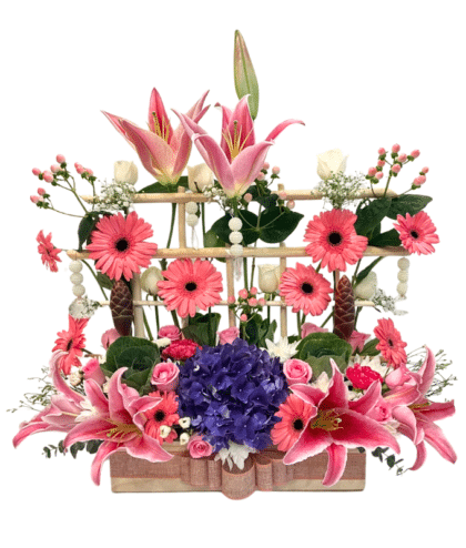 pink roses , pink gerbaras pink lilies purple hydragea floral arrangement with hanging crystals