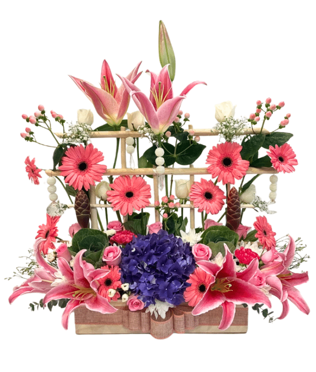 pink roses , pink gerbaras pink lilies purple hydragea floral arrangement with hanging crystals