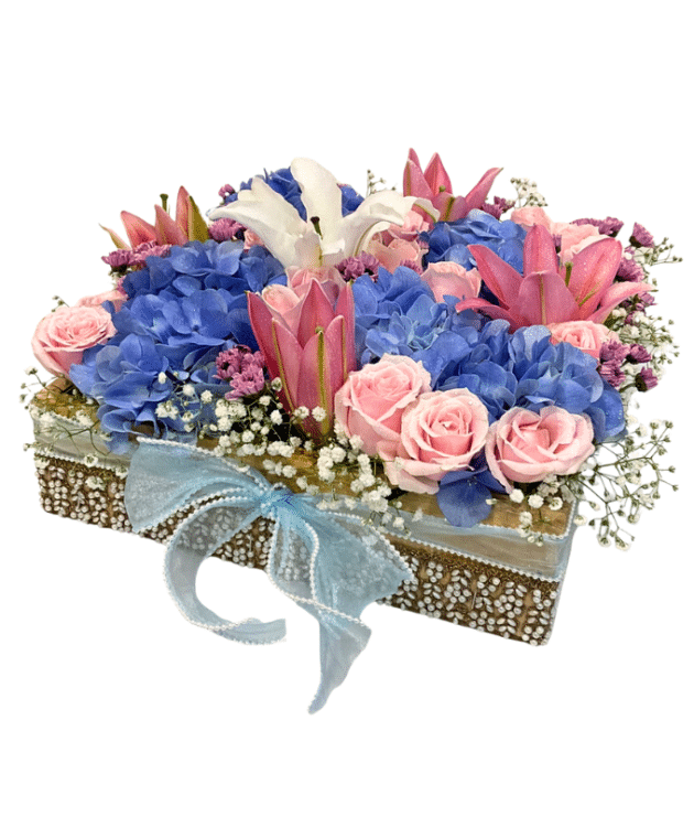 Garden of Blue hydrangea sweet pink roses mini purple chrysanthemums lilies in wooden box